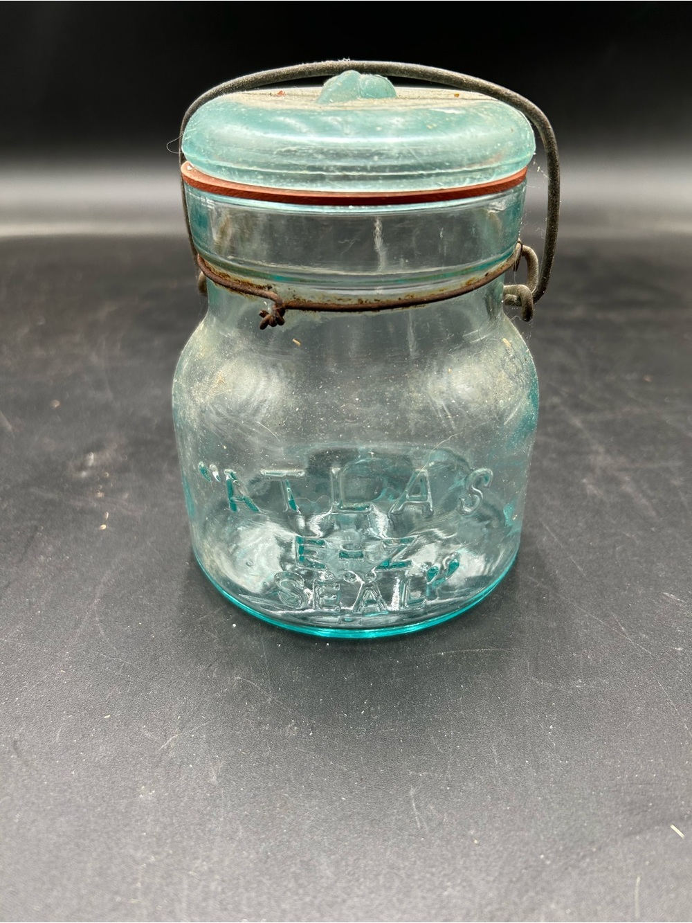 Vintage Atlas EZ seal Blue Glass Canister with Lid and Wire Bail